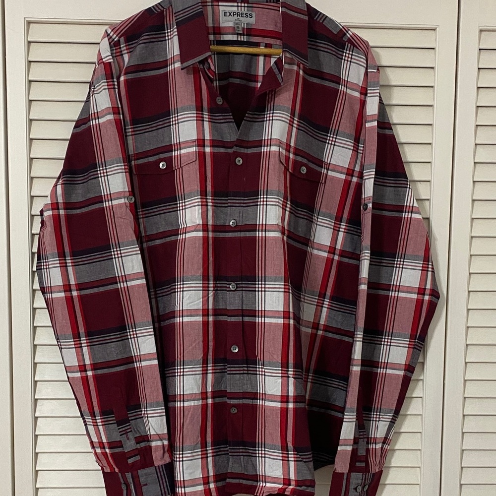 Express Men's Burgundy and Gray Plaid Shirt
